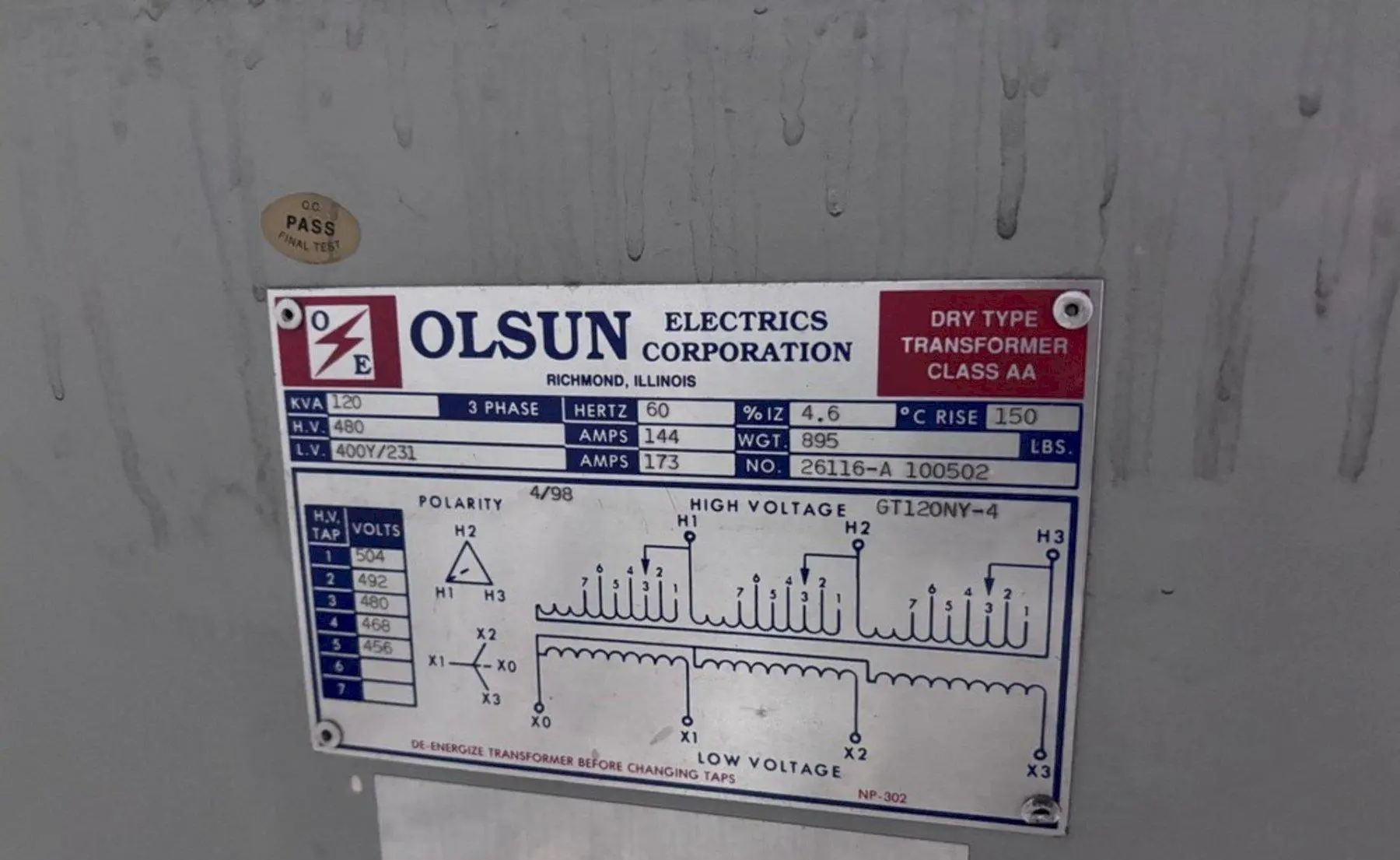 120 KVA OLSUN 480 <-> 400Y/231 CLASS AA DRY TYPE ELECTRICAL TRANSFORMER: YOBRO #24589