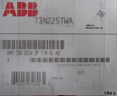 NEW ABB T3N225TWA CIRCUIT BREAKER BKR T3N 225A 3P T/M UL AS
