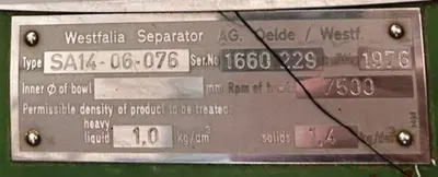 Westfalia SA 14-06-076 clarifier centrifuge, 316SS.