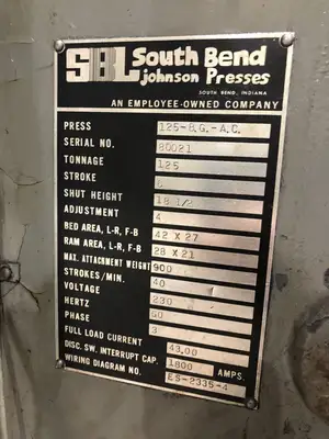 USED 1980 SOUTH BEND JOHNSON SOUTH BEND JOHNSON 125BG-AC PRESS