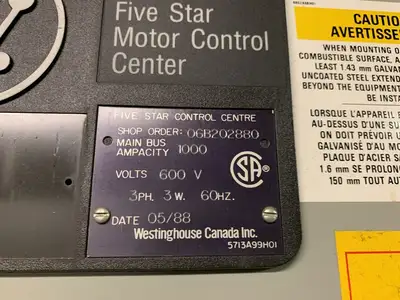 Five Star Double-Sided Motor Control Center (MCC), 600V Max., 1000A, 26 Buckets