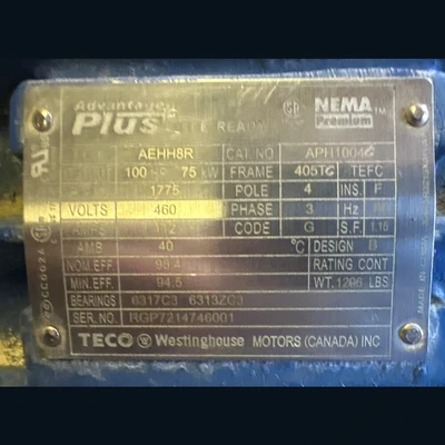 USED TECO WESTINGHOUSE MOTORS AEHH8R