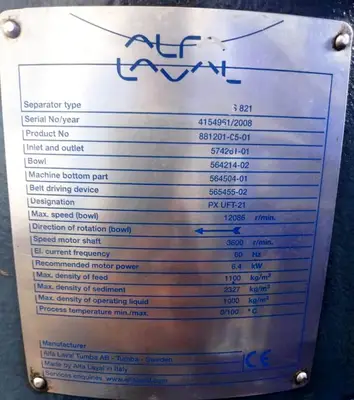 Alfa-Laval S-821 fuel/lube oil purifier module, 316SS.