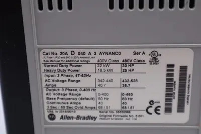 ALLEN BRADLEY 20AD040A3AYNANC0-A 40A 460V 30HP Powerflex 70DRIVE VFD STK 610-A