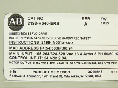 Allen Bradley 2198-H040-ERS Kinetix 5500 Servo Drive 4.0/8.3kW F/W 7.013