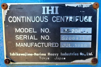 IHI HS-204L-S solid bowl decanter centrifuge, 304SS.