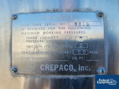 USED Crepaco 200 Gal Crepaco Mixing Tank, Jacketed 50#