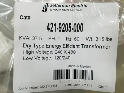 Factory New 37.5 KVA Single Phase Dry Type Transformer Primary 240 x 480 Secondary 120 / 240 10 Year Warranty 421-9205-000