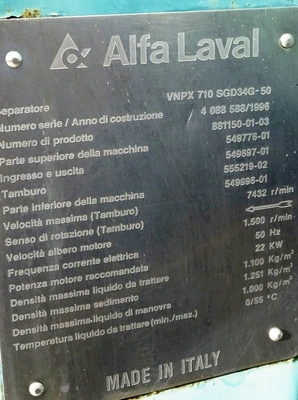 Alfa-Laval VNPX 710 SFD-34G-50 clarifier centrifuge, 316SS.