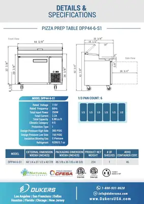 New | in-Stock Dukers New Dukers DPP44-6-S1 Commercial Single Door Pizza Prep Table Refrigerated Food Prep Tables Illinois US | Falcon Restaurant Supply #1376293