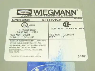 Wiegmann B161406CH Electrical Enclosure Control Panel with Backplate 16x14x6"