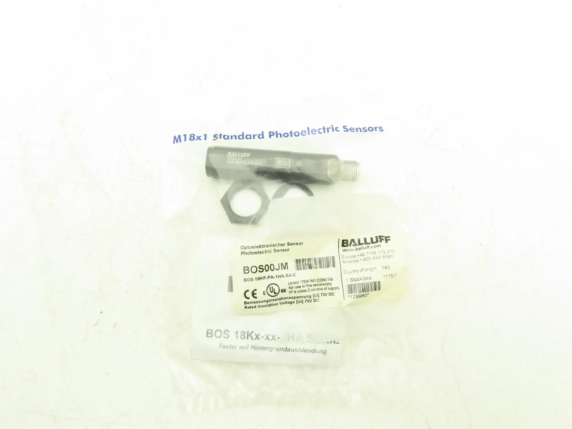 Balluff BOS 18KF-PA-1HA-S4-C Photoelectric Diffuse Sensor 10-30VDC 18mm x 96mm