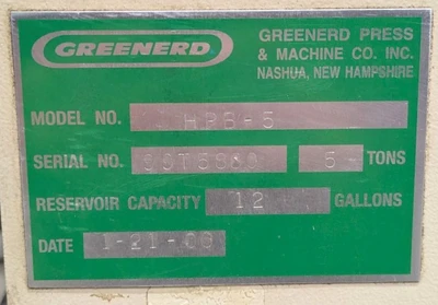 USED 1999 GREENERD PRESSES GREENERD HPB-5 PRESS