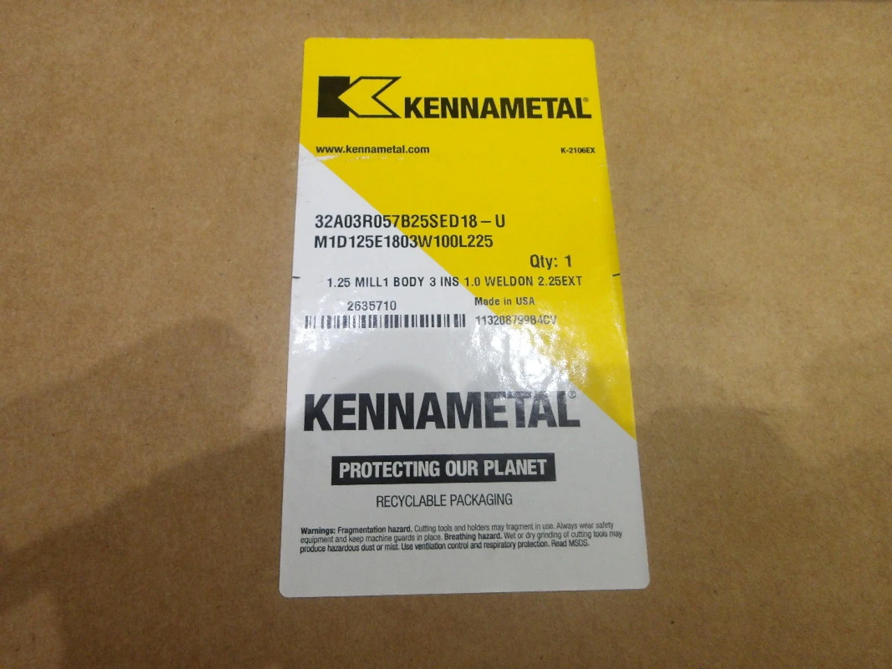 Kennametal 1.250" 3 Flute Indexable Endmill M1D125E1803W100L225 (LOC2164)