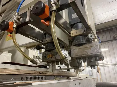 KOCH SBD-B DOUBLE-END FEED-THROUGH TRIM, BORE, GLUE, & DOWEL MACHINE