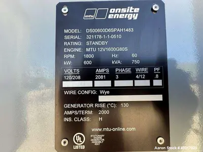 Used MTU ONSITE ENERGY DS600D Diesel Generators Illinois US | Aaron Equipment #84999