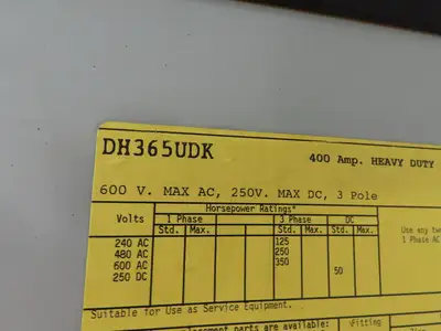 Eaton Cutler Hammer DH365UDK Non Fused Safety Disconnect Switch 400A 600V 3Ph
