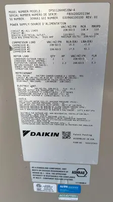 USED 2020 DAIKIN DPS012AHHE2DW-4 & DPS015AHHE2DW-6