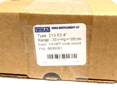 USED WIKA INSTRUMENT LIQUID FILLED HYDRAULIC GAUGE 100 PSI, 4" FACE DIA, LOWER MOUNT