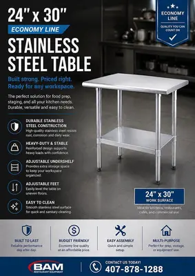 24"x30" Economy Line Stainless Steel Table