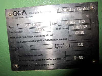 Westfalia AD 0509 decanter centrifuge, 316SS.