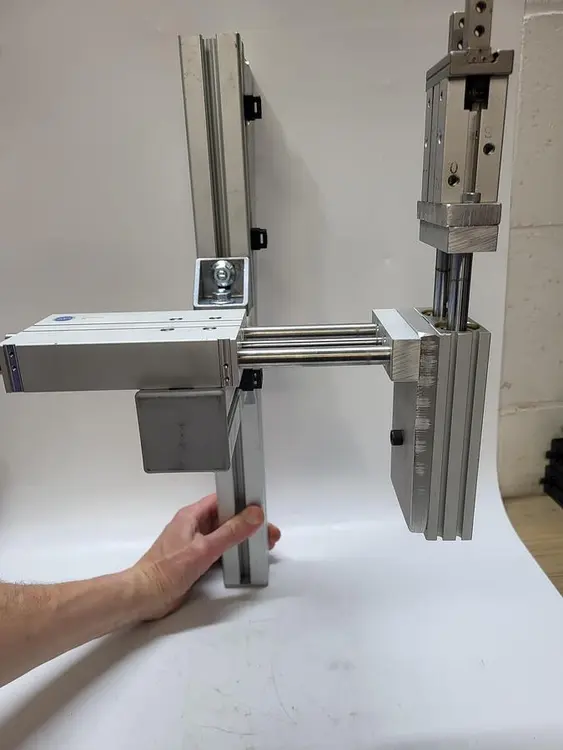 Used SMC / BIMBA SMC WHZ2-20D AIR GRIPPER / BIMBA TB-2050-EFMS / BIMBA ET-1275-EM CONNECTED TO BRACKET ARM Robot Parts | ND Industrial Surplus #1215792