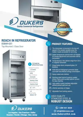 New | in-Stock Dukers New Dukers D28AR-GS1 Top Mount Single Glass Door Commercial Reach-in Refrigerator Refrigerators Illinois US | Falcon Restaurant Supply #1376408