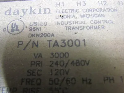 DayKin TA3001 Transformer 3000 VA 240/480V Pri 120V Sec Single Phase