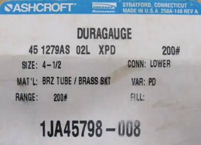 NEW ASHCROFT 45-1279AS-02L-XPD GAUGE 4-1/2" 200PSI 1JA45798-008 451279AS02LXPD