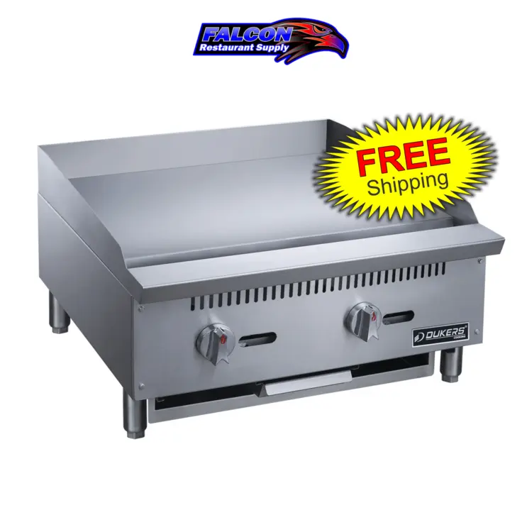 New | in-Stock Dukers New Dukers DCGM24 24 in. W Flat Top Griddle with 2 Burners Commercial Flat Top Griddles Illinois US | Falcon Restaurant Supply #1376255