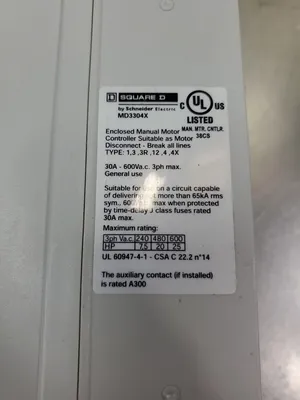 SQUARE D MD3304X Disconnect Switch, 30A, 600VAC, 3PH. 4E-3