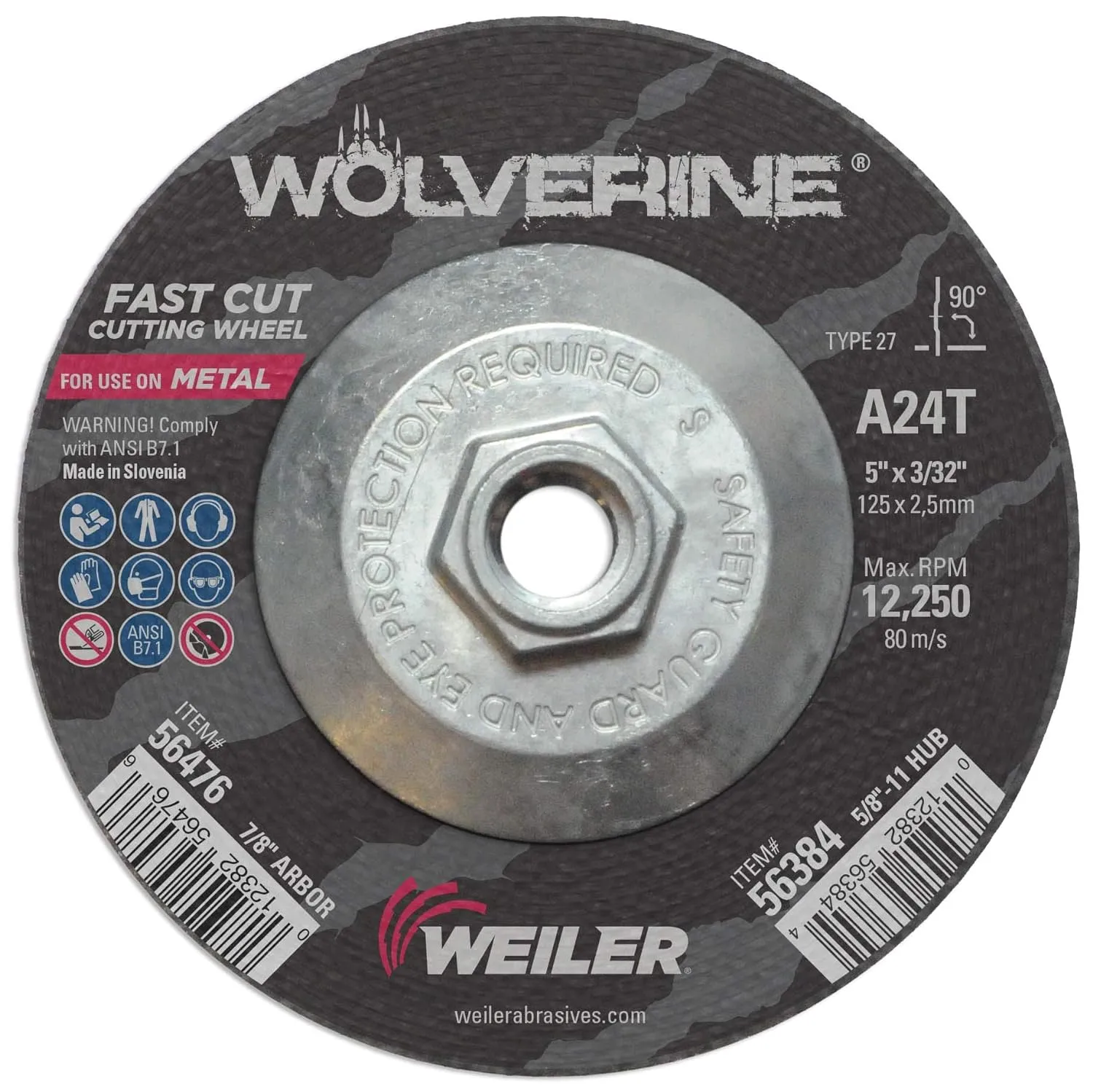 Weiler 5" x 3/32" x 5/8"-11 Metal Cutting Off Wheel 24 Grit Aluminum Oxide 10pk