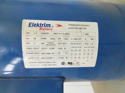 Elektrim 38CF-3-1.5-36PA Squirrel Cage Blower Fan 1.5Hp 3520rpm 230-460V 3PH