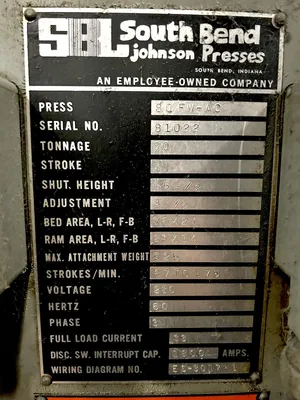 USED 1981 SOUTH BEND JOHNSON SOUTH BEND JOHNSON 80 FW-AC PRESS