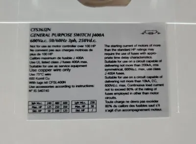 SIEMENS CFS365JN 600VAC/250VDC 350 AMP Fusible Switch w/AJT350 Fuses. 1D