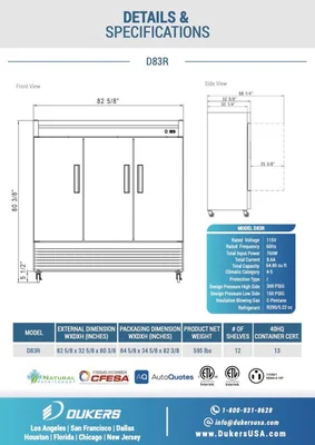 New | in-Stock Dukers New Dukers D83R Stainless Steel Solid 3-Door Commercial Reach-in Refrigerator Refrigerators Illinois US | Falcon Restaurant Supply #1376262