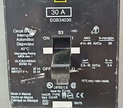 Square D EGB34030 EGB 3 Pole 30 Amp 480 Volt Breaker loc4B12