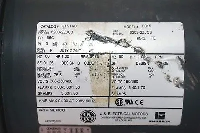 USED U.S. ELECTRICAL MOTORS 6203-2ZJC3 MOTOR 60 HZ. 1 H.P. 3475 R.P.M. 62032ZJC