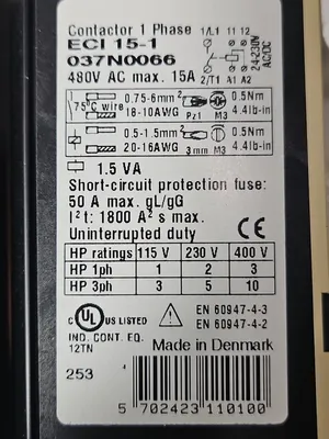 DANFOSS ECI 15-1 CONTACTOR 1 PHASE. Loc4B24