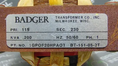 Badger 1GPOF20HPAOT Single Phase Industrial Control Transformer .200 kVA Used