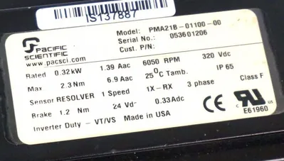 PACIFIC SCIENTIFIC PMA21B-01100-00 SERVO MOTOR 6050RPM, 320VDC, PMA21B0110000
