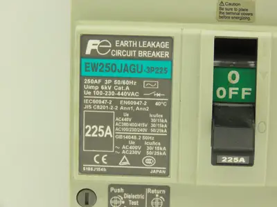 Fuji EW250JAGU-3P225 Earth Leakage Circuit Breaker 3-Pole 225A 100-440VAC