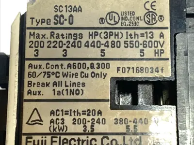Used Fuji SC-0 3-Pole Contactor 13A 600V 1NO Aux 100-110V 50/60Hz Coil PLC Contactors Michigan US | Maverick Industrial Sales #1401403