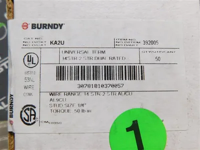 Box of 50 Burndy KA2U Termination Lugs AL9CU 1/4" Stud 50 lb-in Torque New