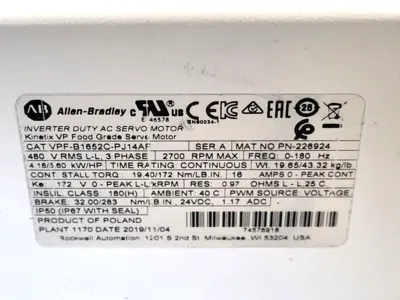 USED ALLEN-BRADLEY VPF-B1652C-PJ14AF, SG-65669-17-03183-D