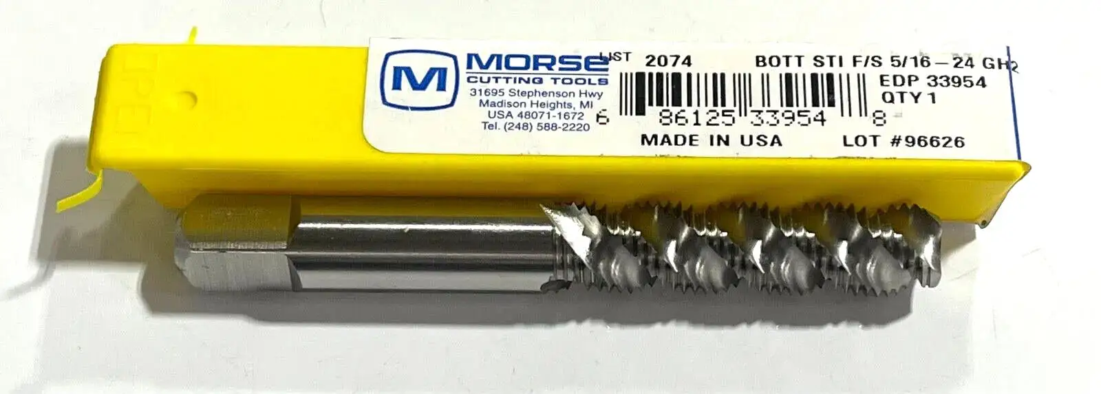 Morse 5/16-24 STI Spiral Flute Tap HSS 3 Flute GH2 Bottoming Tap for Heli-Coil