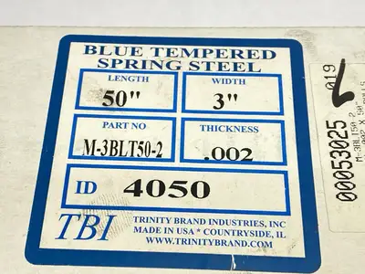 USED TBI BLUE TEMPERED SPRING STEEL 3" WIDTH 0.002" THICK 50" LENGTH