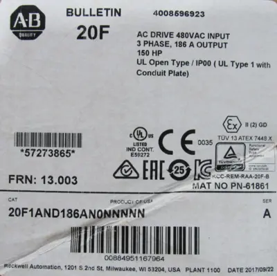 ALLEN BRADLEY 20F1AND186AN0NNNNN POWERFLEX 753 150HP SERA FRN 13.003 NEW SURPLUS