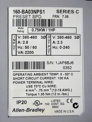 Allen Bradley 160-BA03NPS1 1HP AC Drive w/160-DN2 No Mounting Plate or Fan Used