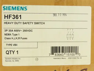 Siemens HF361 Heavy Duty Safety Fusible Disconnect Switch 3P 30A 600VAC 250VDC